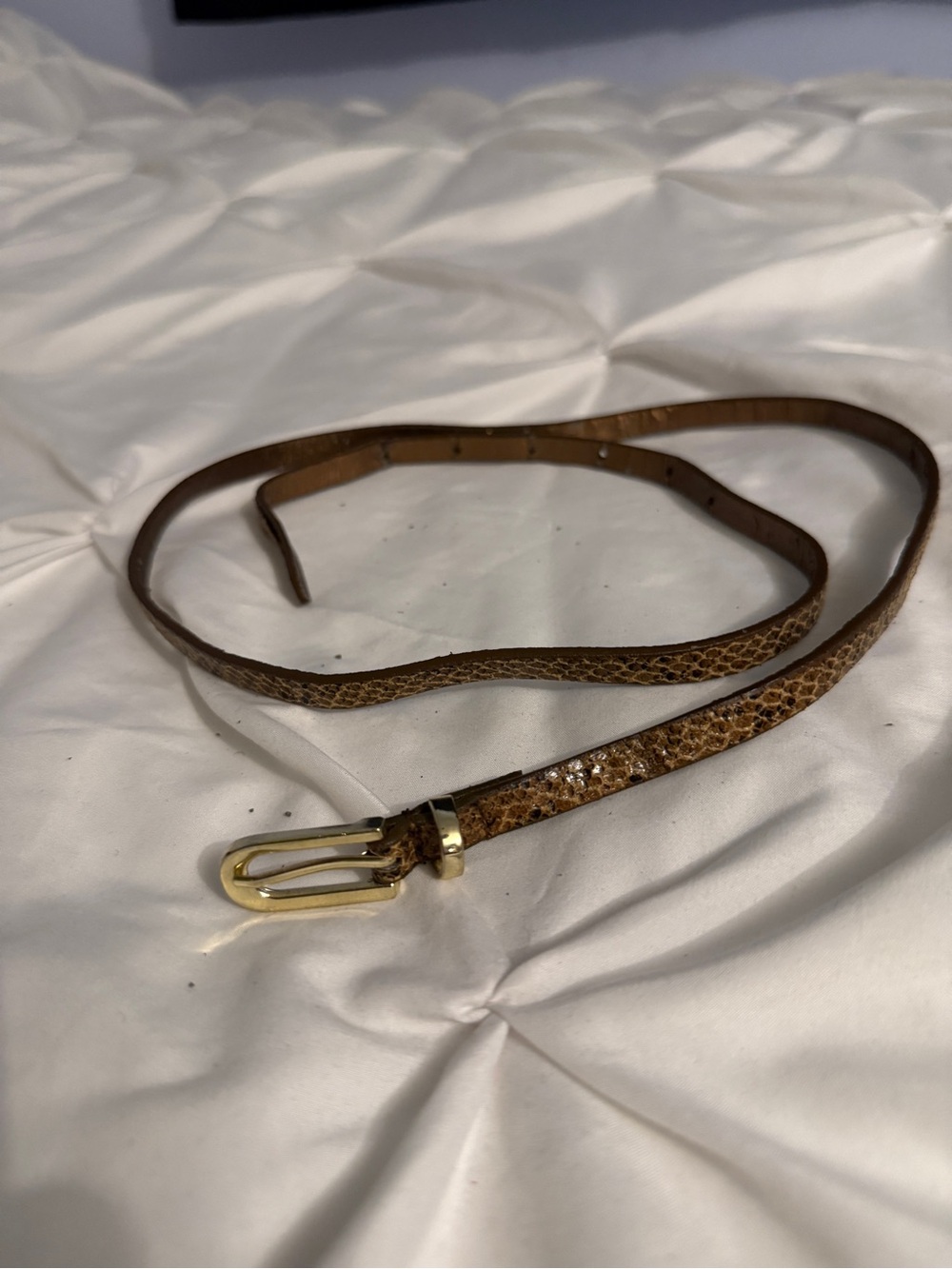 Slim Brown Snake-Print Leather Belt with Gold Buckle